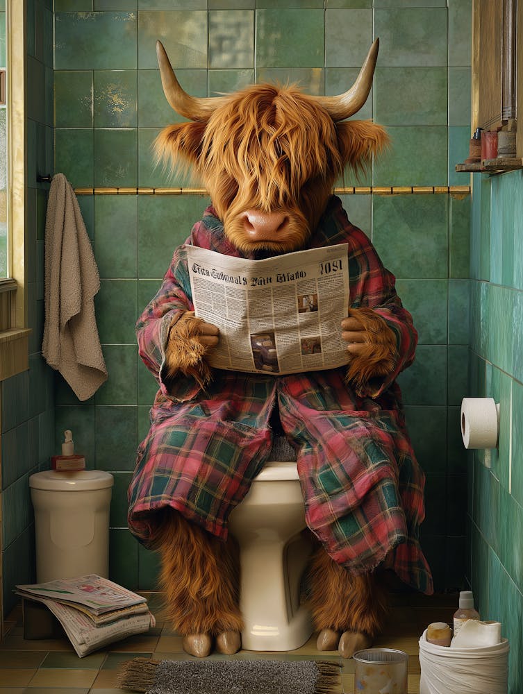 A Highland Cow Is Sitting On A Toilet In A Bathroom
