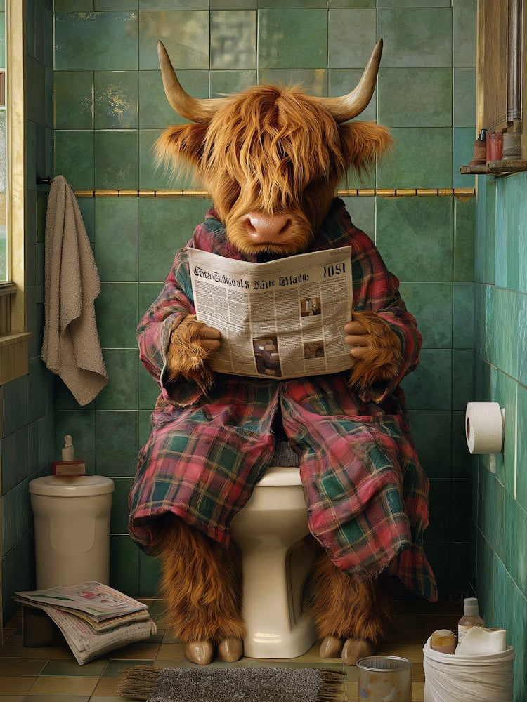 A Highland Cow Is Sitting On A Toilet In A Bathroom