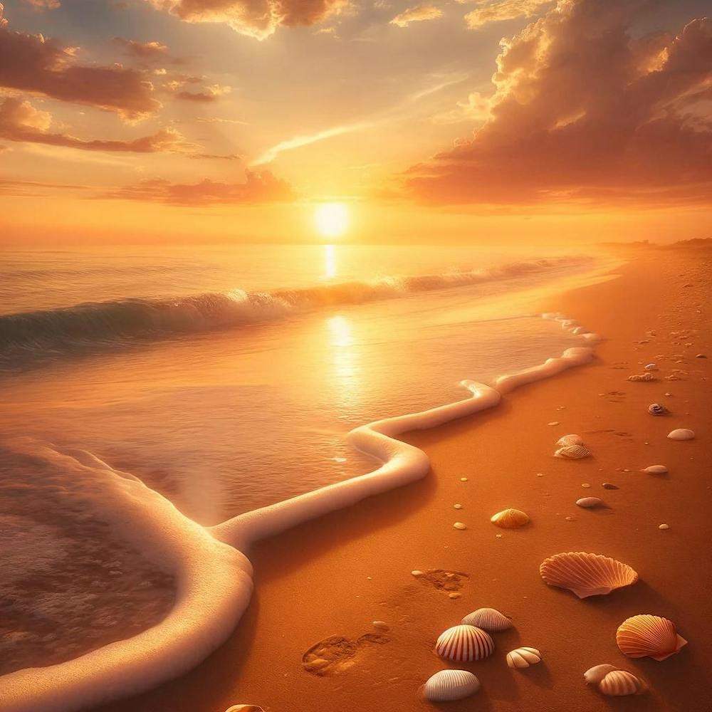 Golden Sunset Beach Wall Print Art A Tranquil Beach Scene With Gentle Waves And A Golden Sunset, Perfect For Bringing Warmth And Relaxation To Any Space