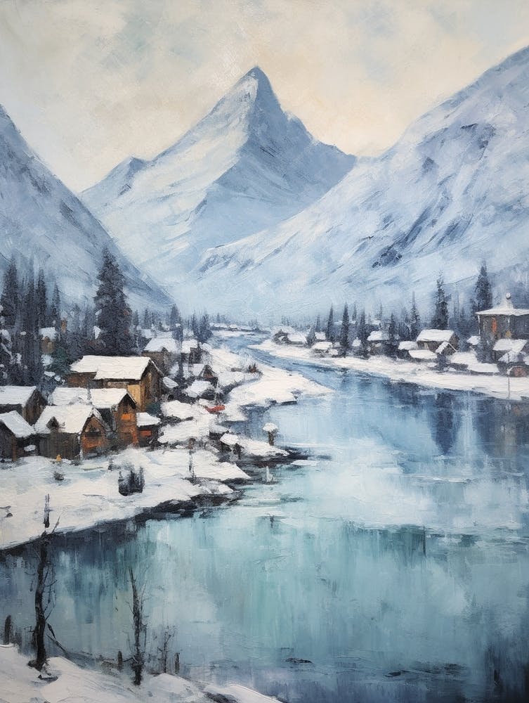 Vintage Winter Painting Banff Canada 1