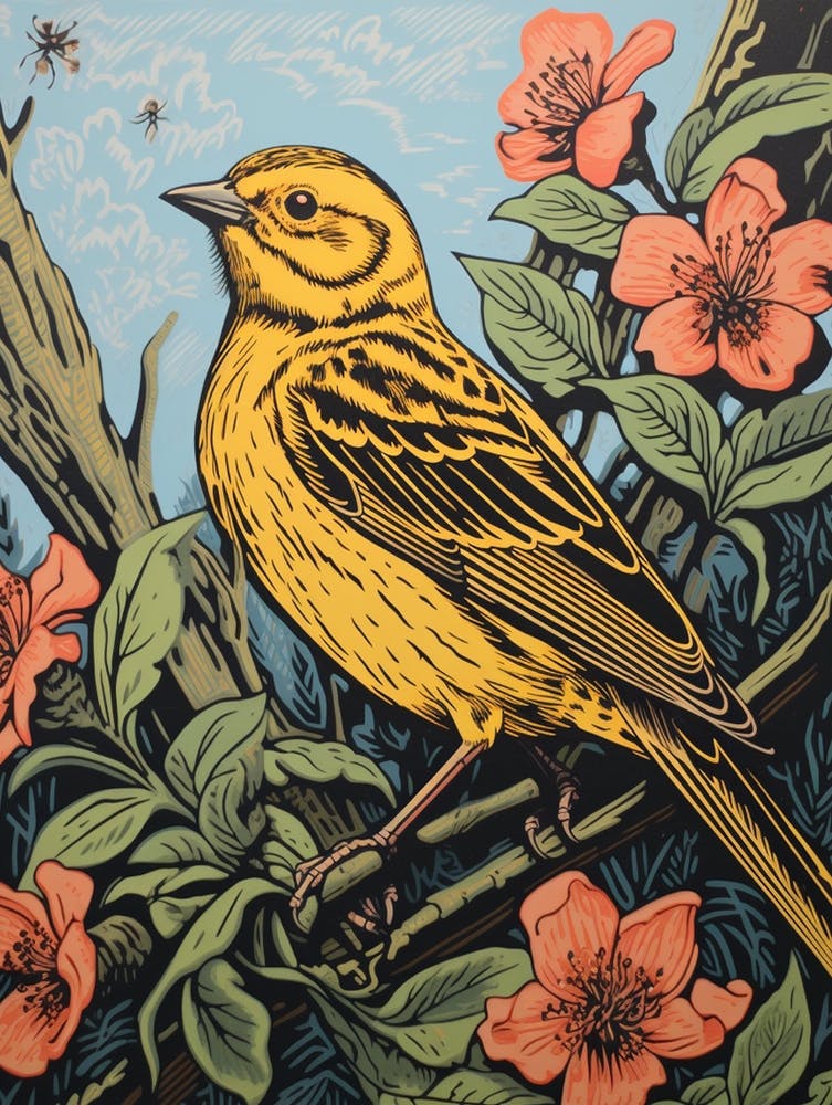 Vintage Bird Linocut Yellowhammer 2