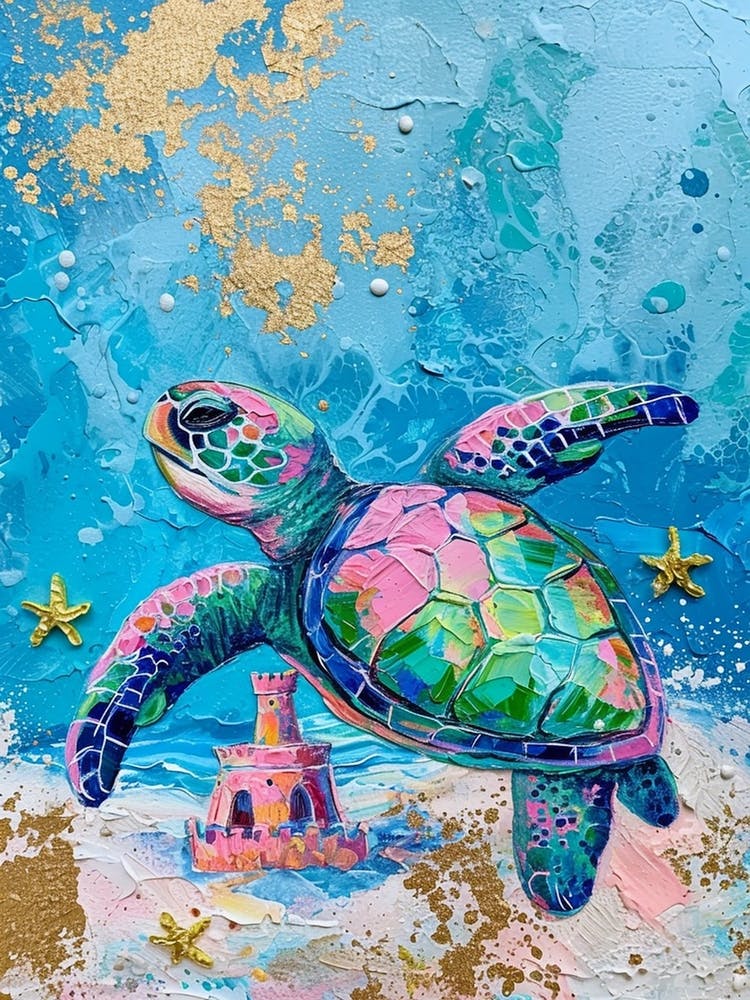 Sea Turtle With A Sand Castle Abstract Painting