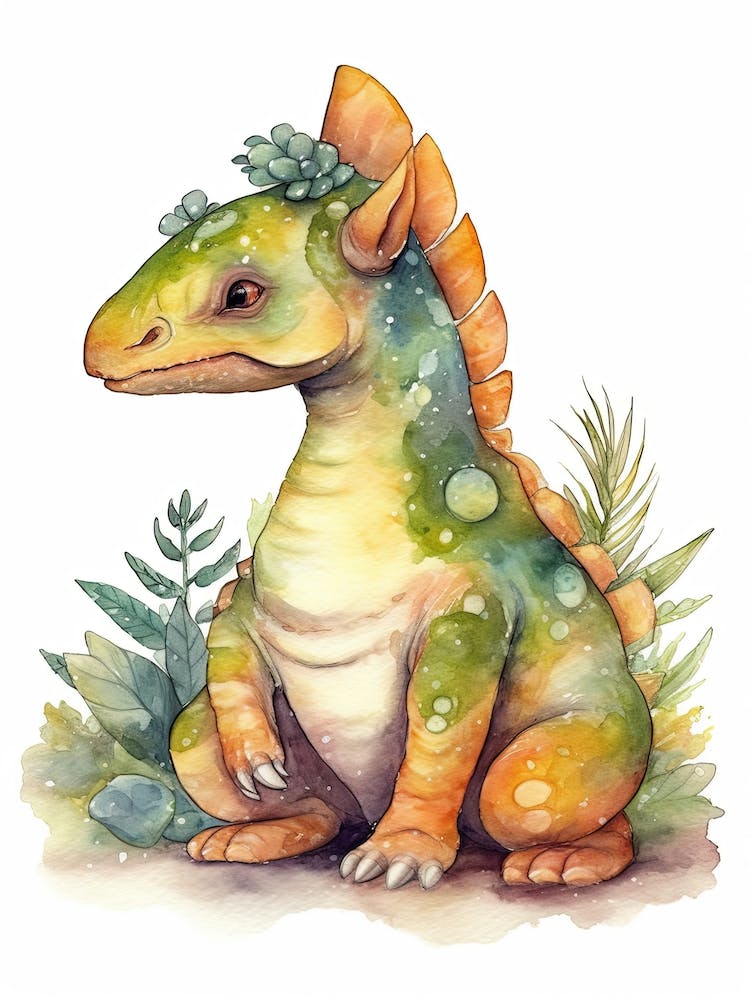 Parasaurolophus Cute Dinosaur Watercolour 1