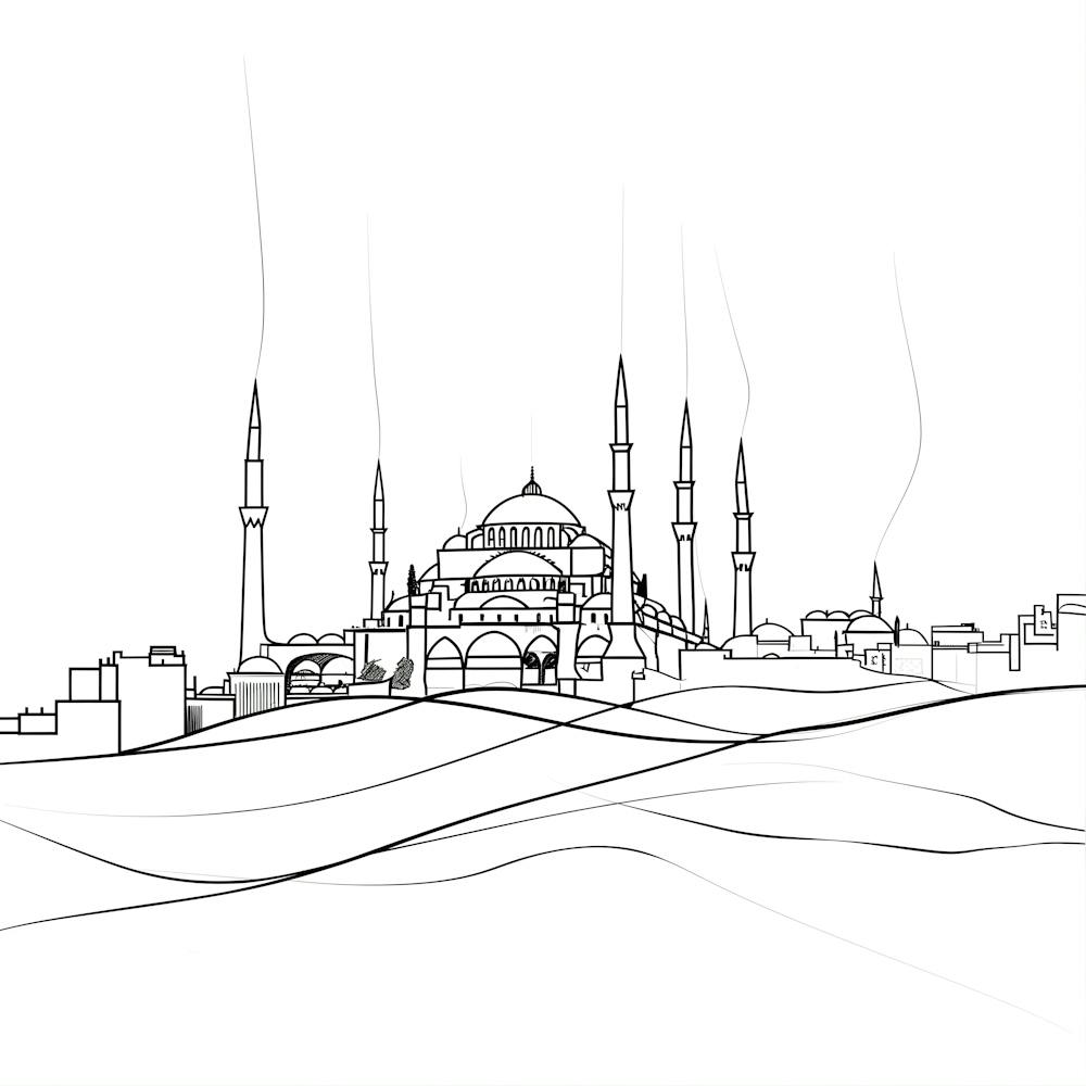 Blue Mosque In Istanbul, minimalist, line art, black and white.
