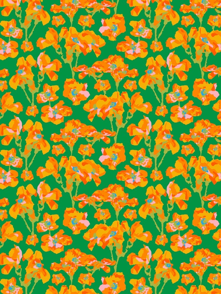 WILD ROSES Abstract Floral Summer Bright Rose Garden in Orange Yellow Blue Lime Green on Kelly Green