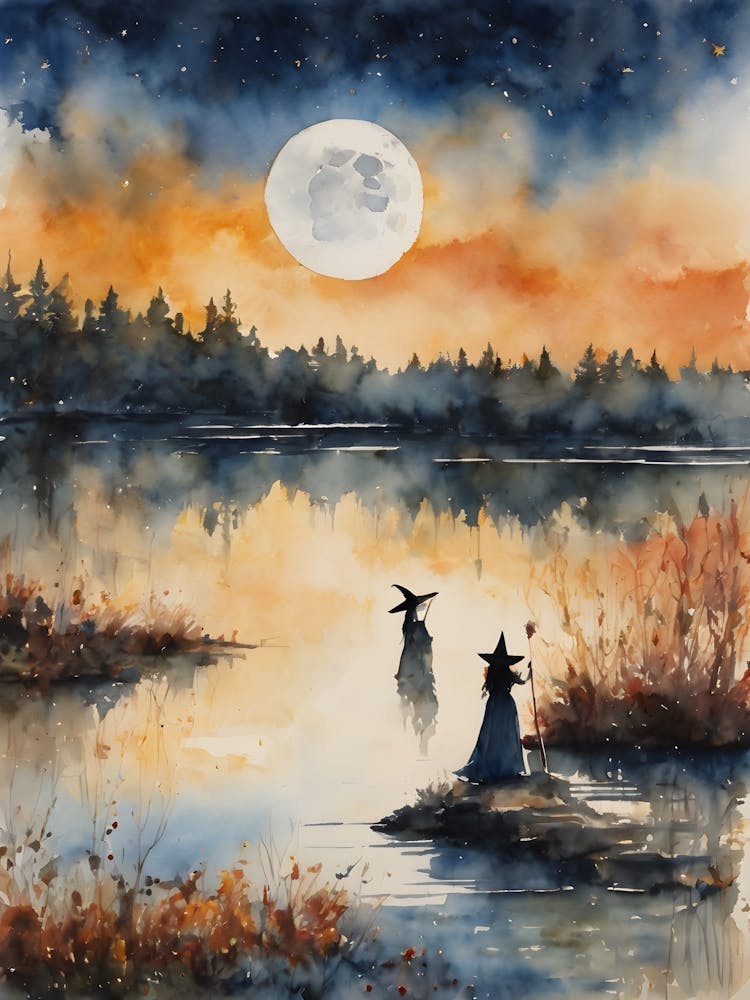 Lake Spirit ~ A Witch Communing With Spirits by the Waterside ~ Pagan Witchy Artwork Watercolour Spooky Witchcraft Illustration