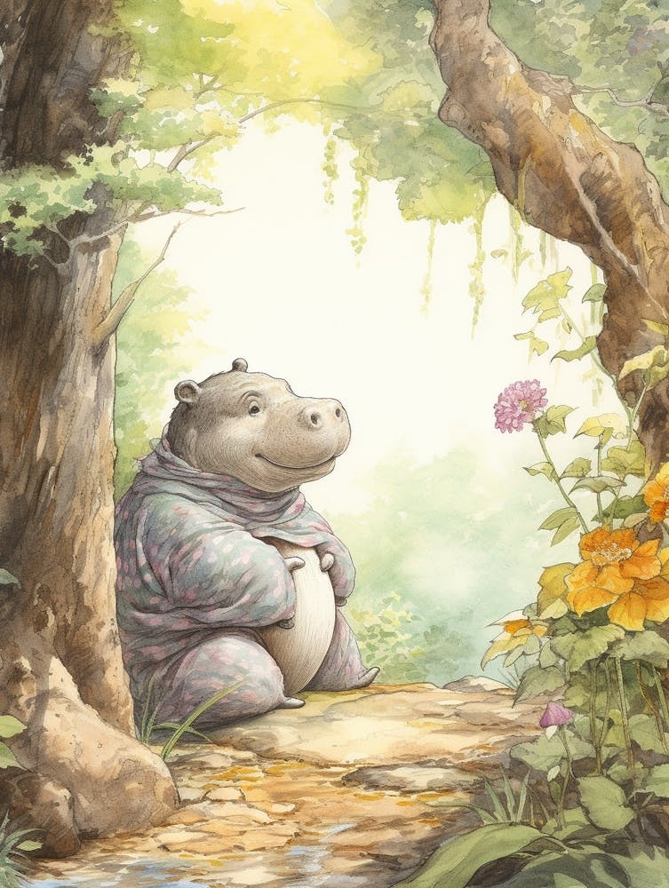 Storybook Animal Watercolour Hippopotamus 1