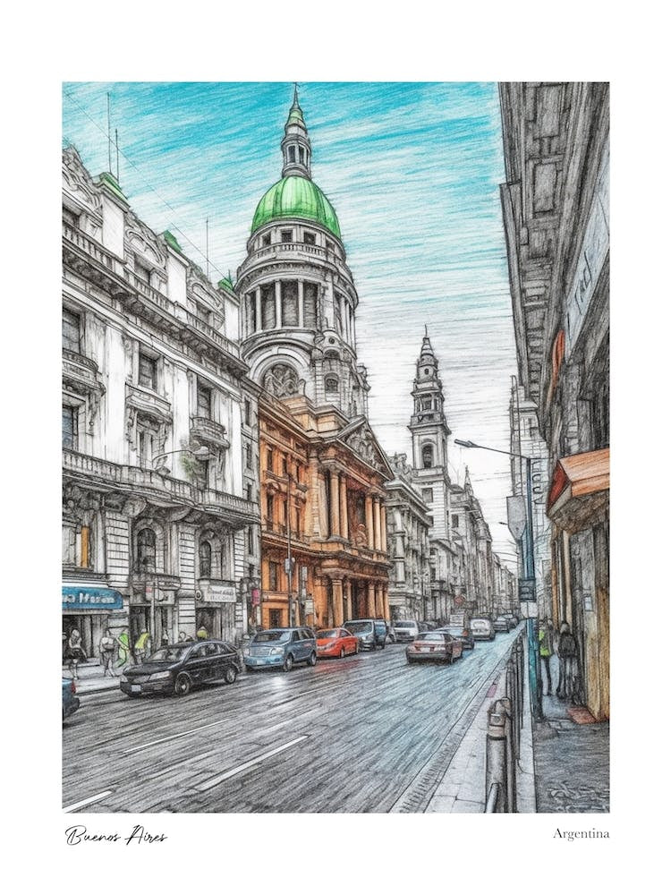 Buenos Aires Argentina Drawing Pencil Style 2 Travel Poster