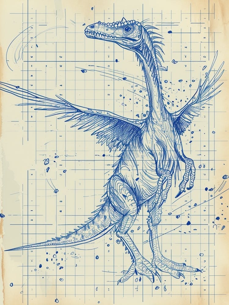 Microraptor Dinosaur Blue Print Sketch 1