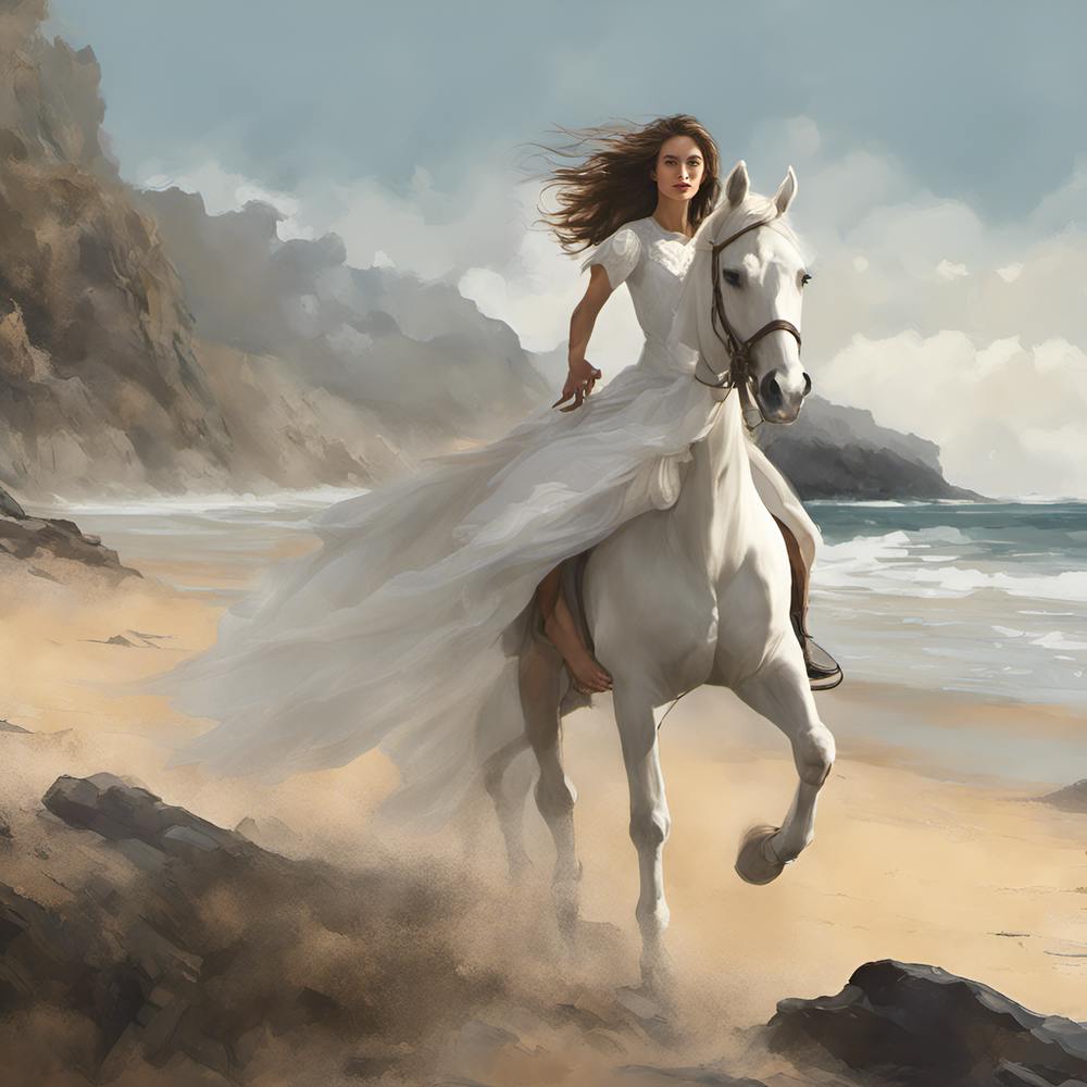 Woman Riding A White Horse