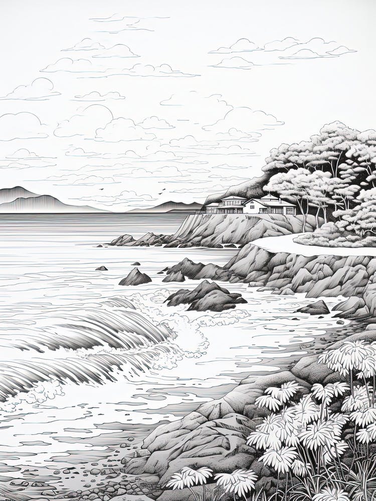San In Coast In Tottori,, Ukiyo E Black And White Line Art Drawing 2