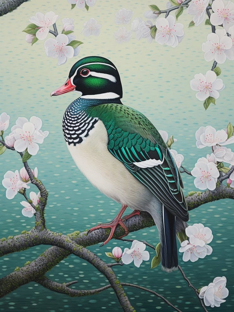 Ohara Koson Inspired Bird Painting Wood Duck 2