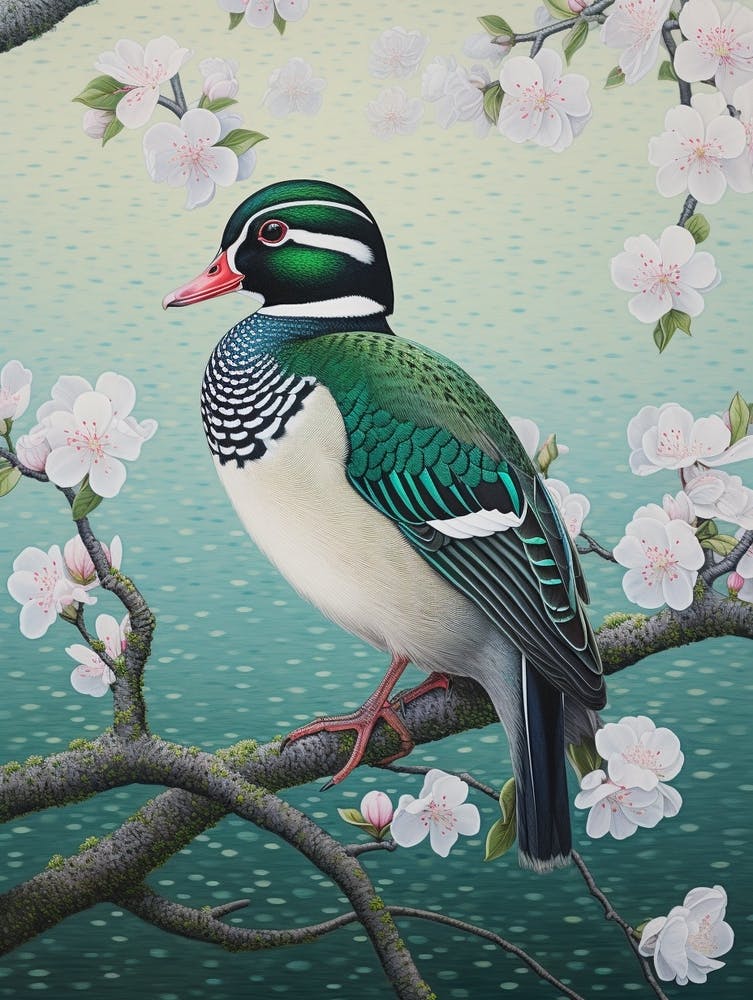 Ohara Koson Inspired Bird Painting Wood Duck 2