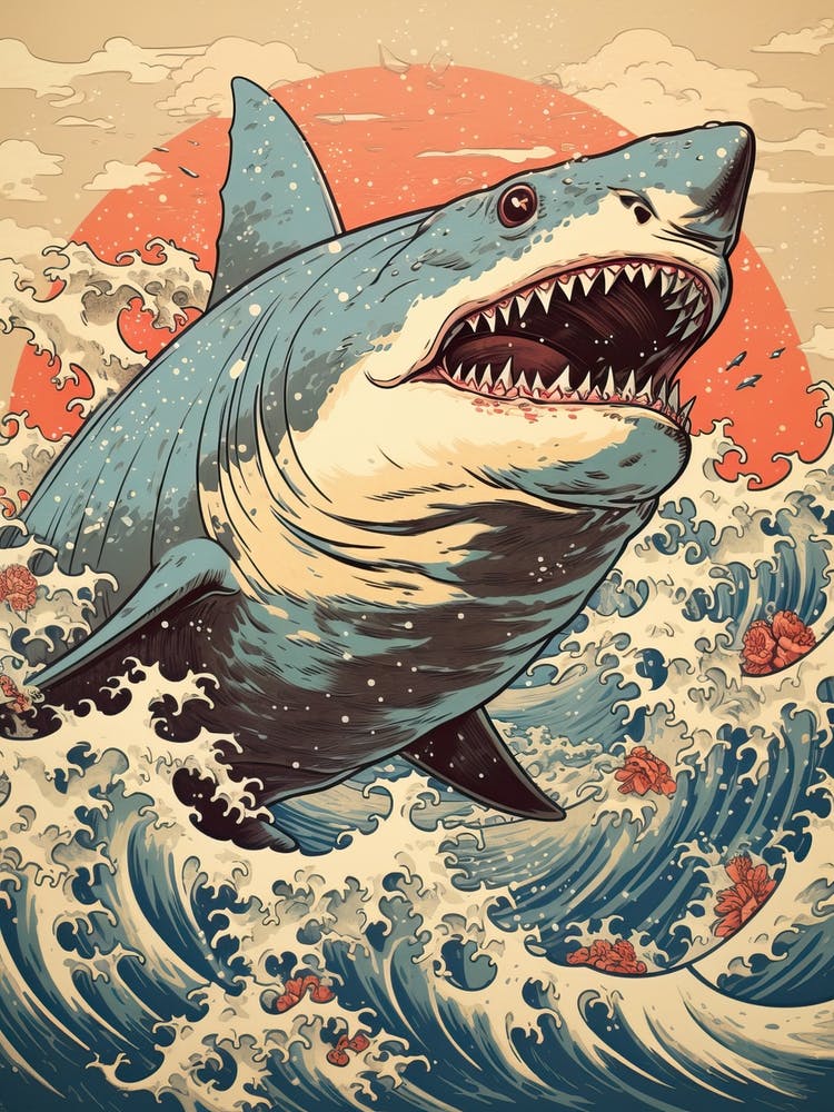Shark Animal Drawing In The Style Of Ukiyo E 4