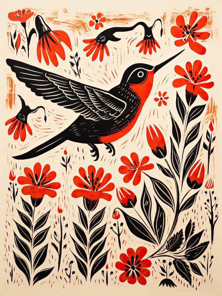 Hummingbird, Woodblock Animal  Drawing 4