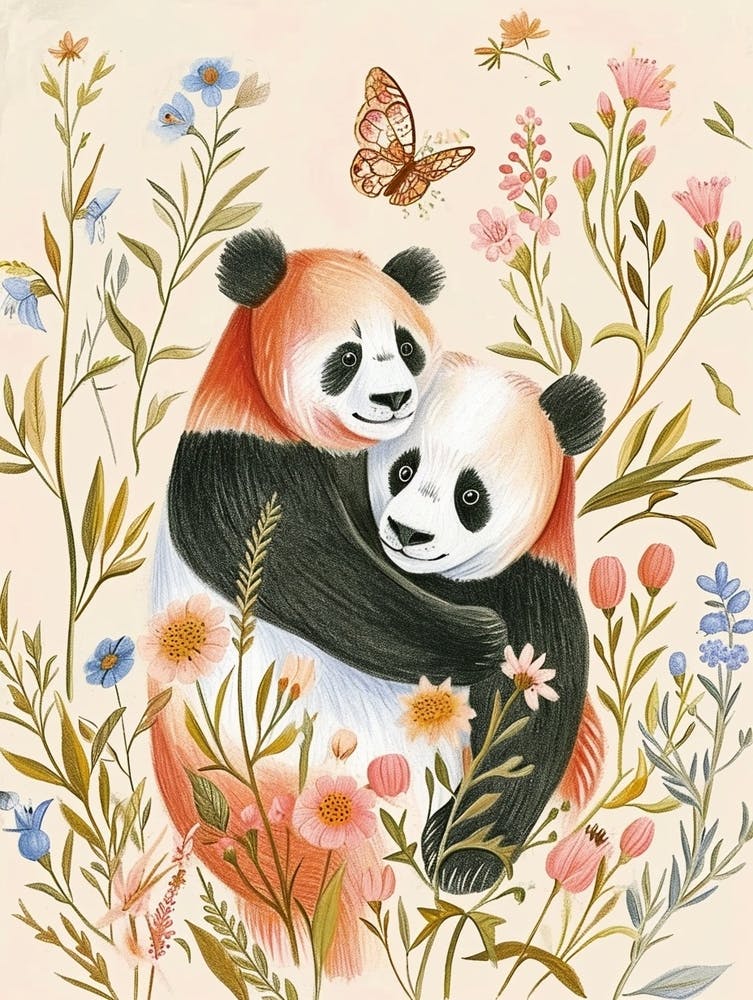 Folksy Floral Animal Drawing Panda 2