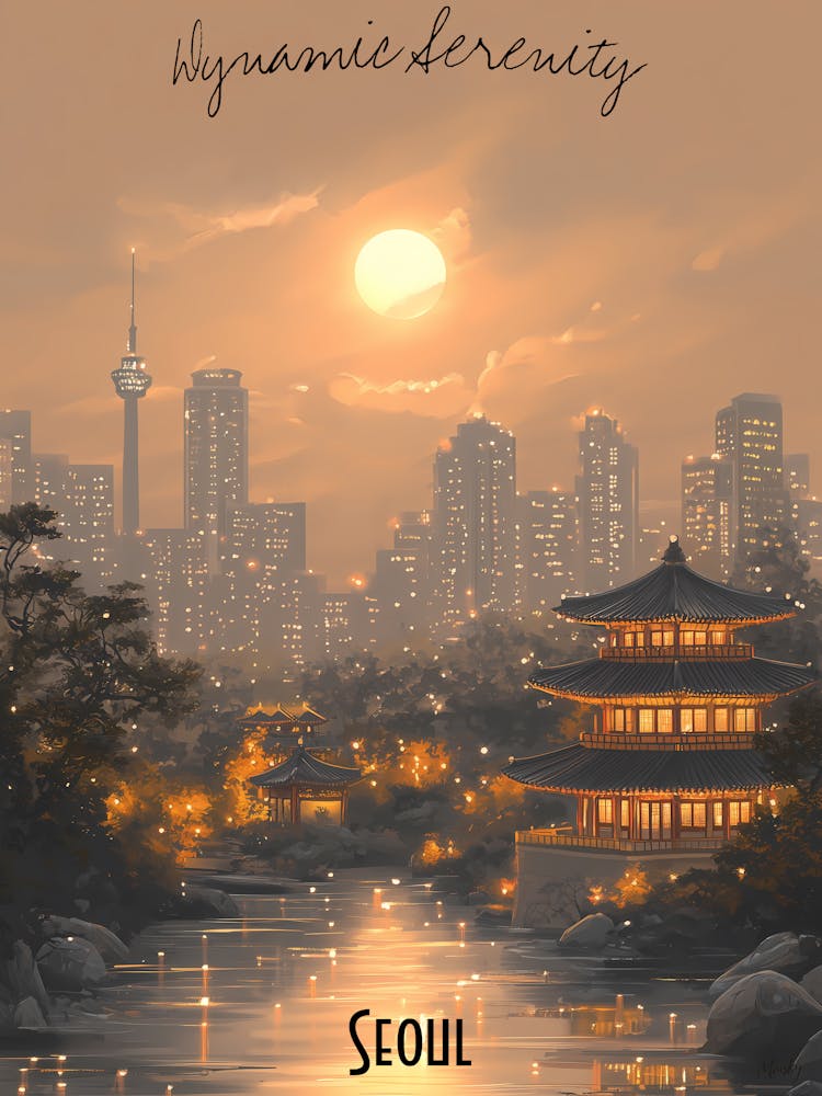 Seoul, minimalist soft tones palette, watercolor poster