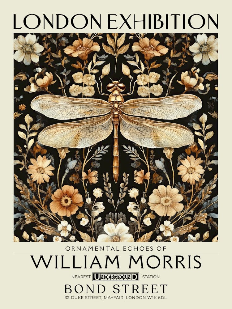 William Morris Libellen- und Blumenkunstwerk in warmen Erdtönen, Insekten- und Blumenmuster, Dark Academia Bibliothek Botanischer Vintage-Druck, Wohnzimmer Vintage-Dekor, Floraler Wandteppich, Viktorianische Naturkunst 36