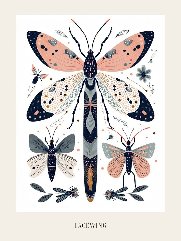 Colourful Insect Illustration Lacewing 10 Poster