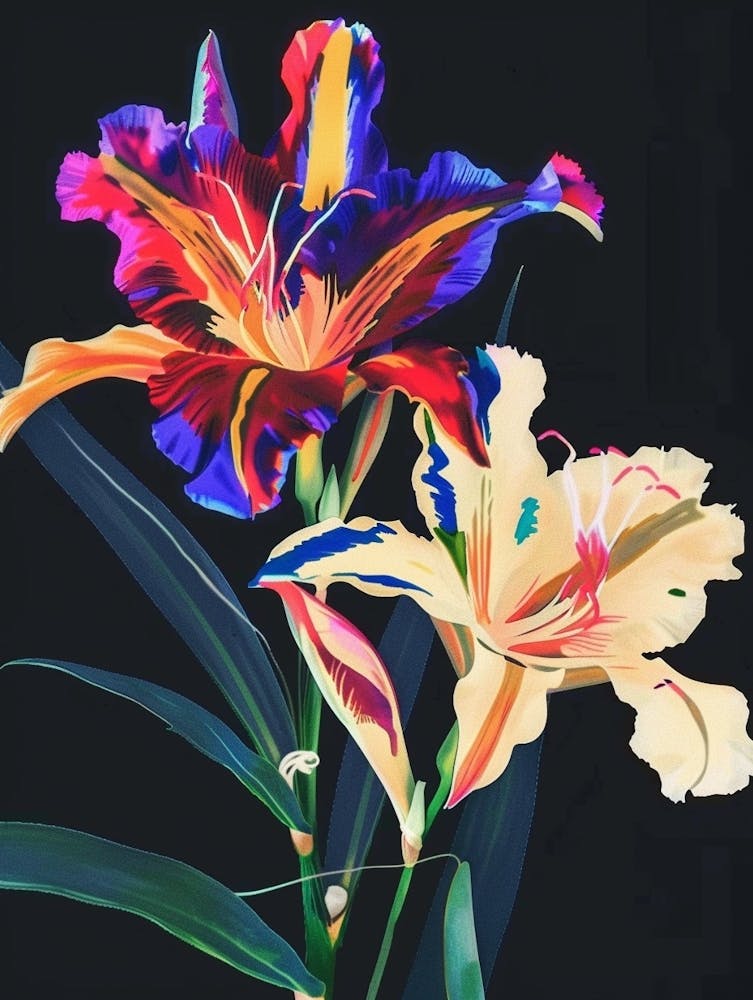 Neon Flowers On Black Gladiolus 1