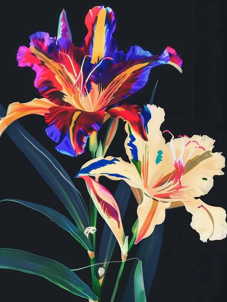 Neon Flowers On Black Gladiolus 1