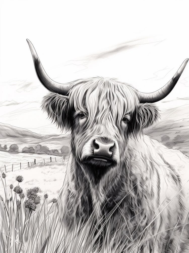 Black & White Illustration Of Highland Cow In Grass