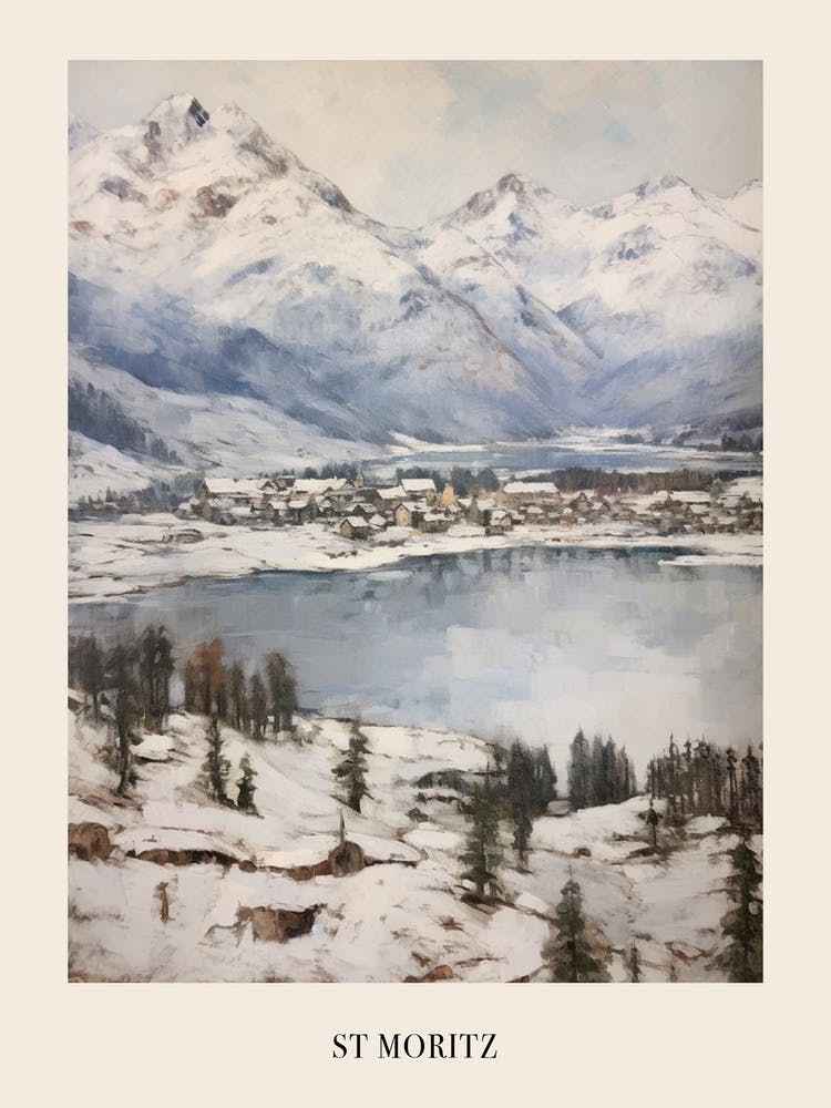 Vintage Winter Painting Poster St Moritz Switzerland 3