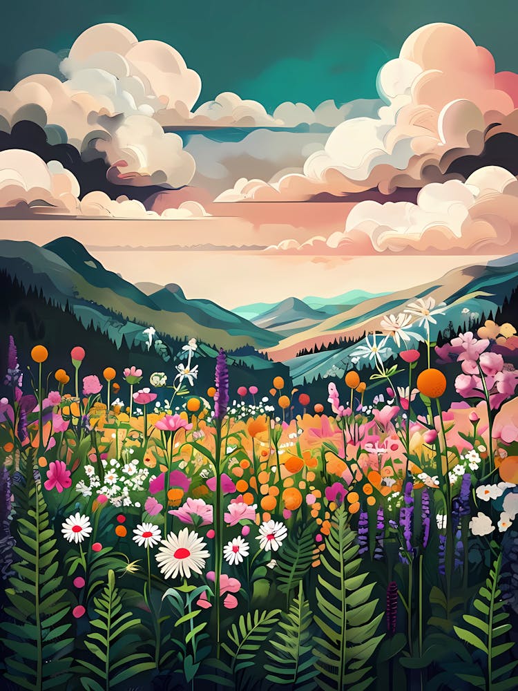 Aquarell-Landschaft mit Blumen