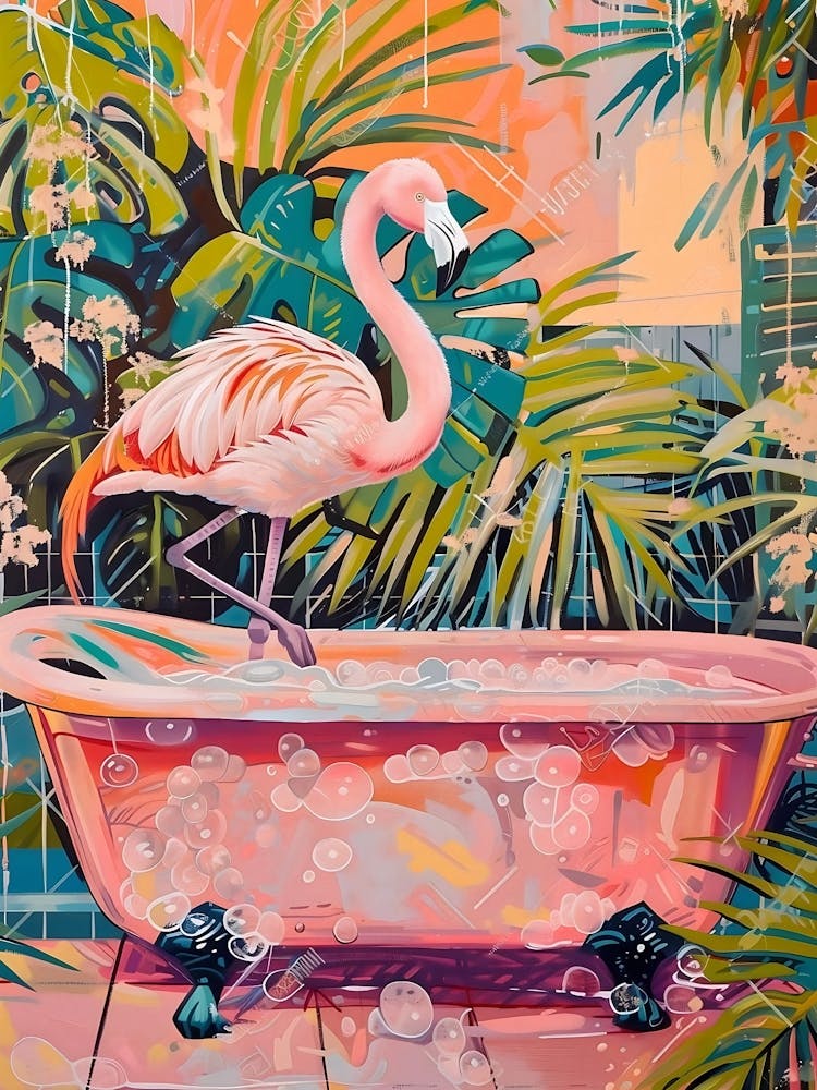 Flamingo In Bathtub Print, Bathroom Wall Art, Pink Flamingo Wall Art, Funny Bathroom Decor, Funny Bathroom, Pink Flamingo Poster