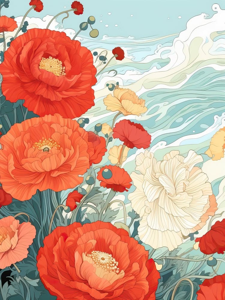 Great Wave With Ranunculus Flower Drawing In The Style Of Ukiyo E 1