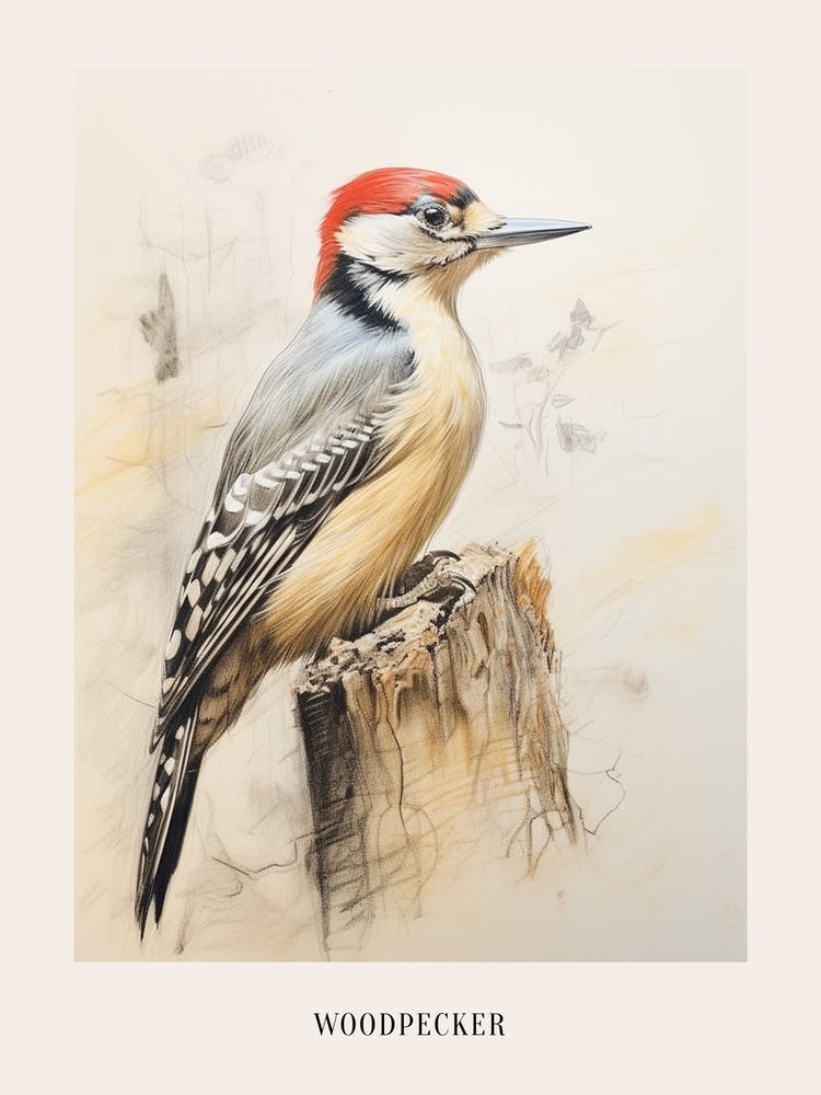 Vintage Bird Drawing Woodpecker 3 Poster