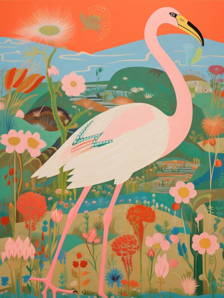 Maximalist Bird Painting Greater Flamingo