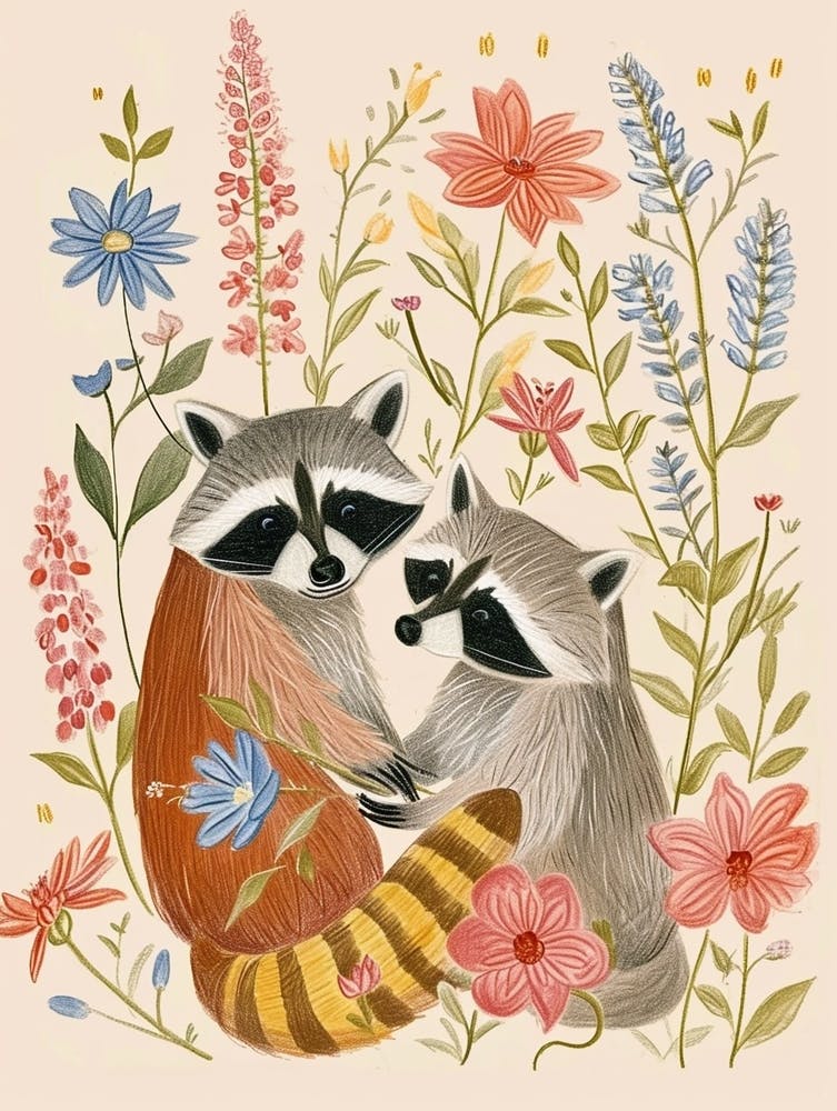 Folksy Floral Animal Drawing Racoon 2