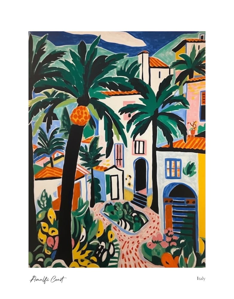 Amalfi Coast Matisse Style, Italy 8 Watercolour Travel Poster