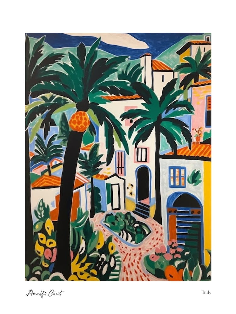 Amalfi Coast Matisse Style, Italy 8 Watercolour Travel Poster