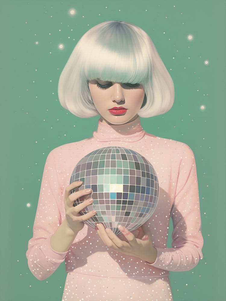 Disco Ball Girl,Retro, Pink Pastel, Preppy Aesthetic