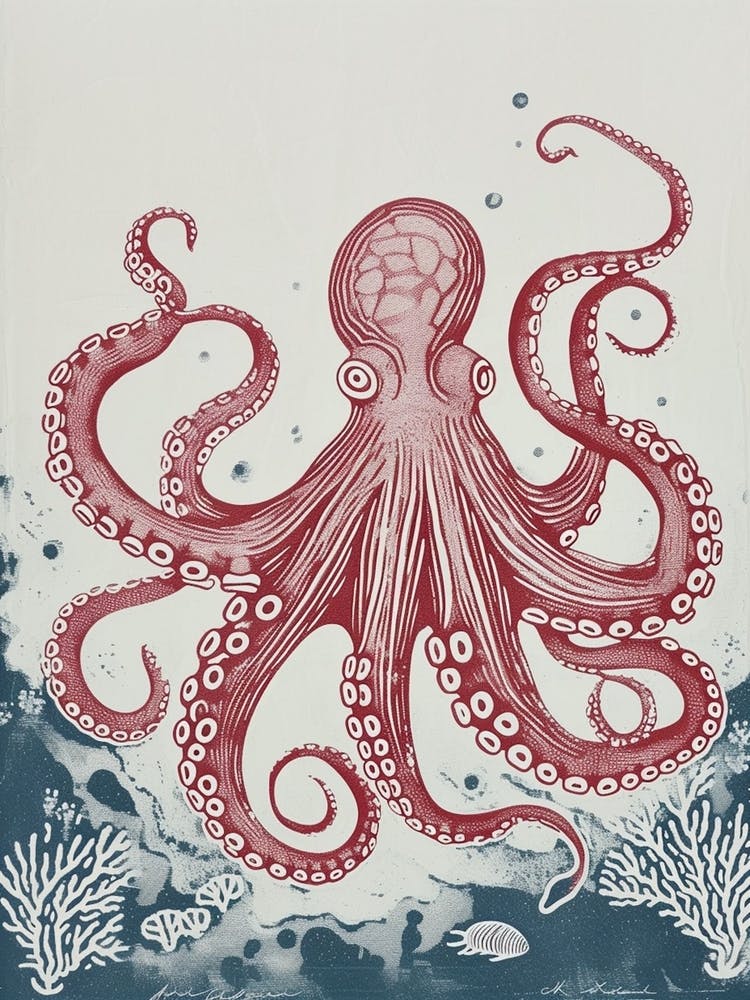 Retro Linocut Inspired Red & Navy Octopus 3
