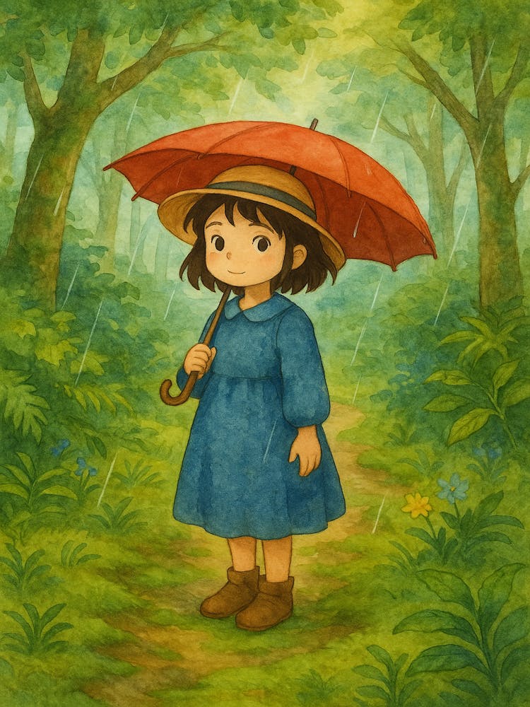 Promenade en Forêt Pluvieuse – Illustration de Fille Fantaisiste avec Parapluie – Poster Aquarelle Inspiré de Ghibli pour Chambre d'Enfant