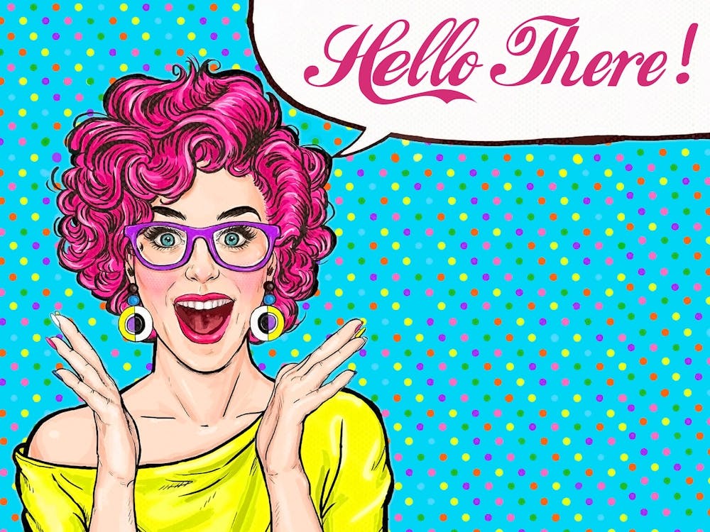 Pop Art Girl With Purple Hair Say Hallo