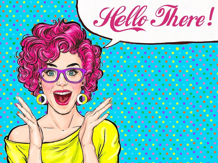 Pop Art Girl With Purple Hair Say Hallo