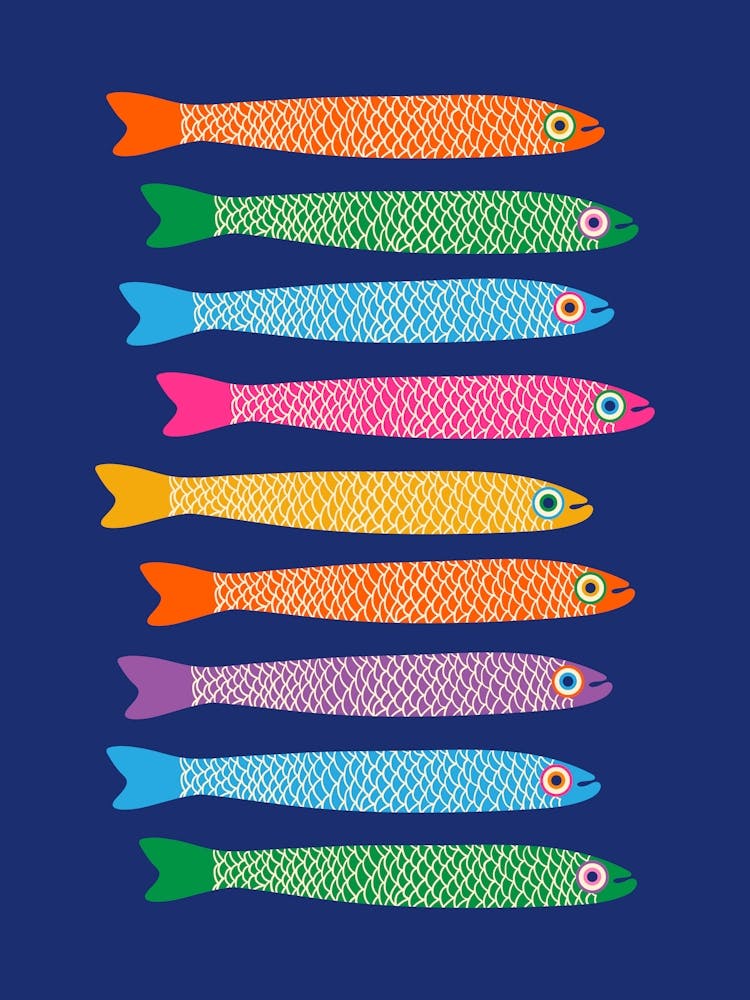 ANCHOVIES Retro Swimming Fish Horizontal in Rainbow Pink Purple Blue Orange Green Yellow on Royal Blue