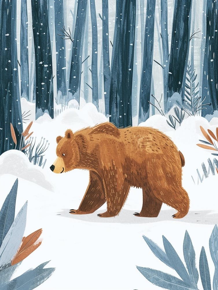 Brown Bear Walking Through A Snow Covered Forest Storybook Illustration 5