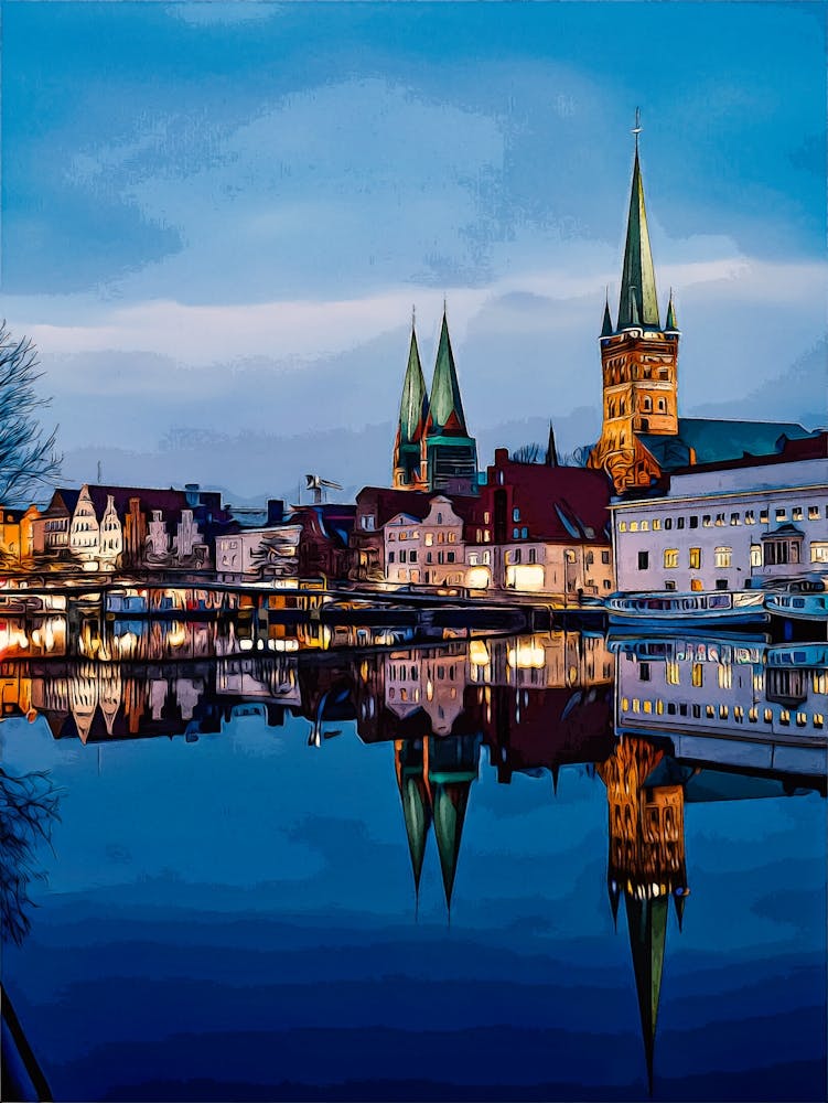 Germany, Schleswig Holstein, Luebeck, Old Town, Obertrave River, St Mary S Church And St