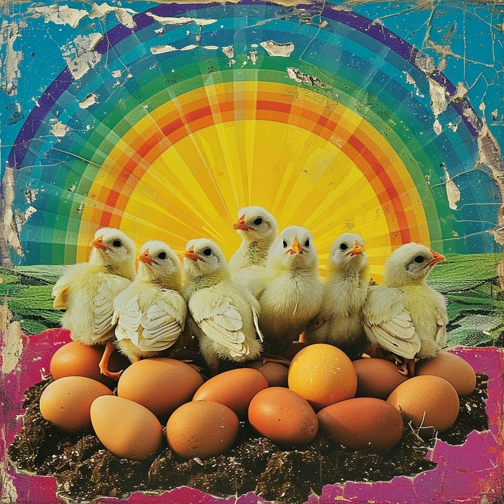 Rainbow Retro Collage Chicks & Eggs 1