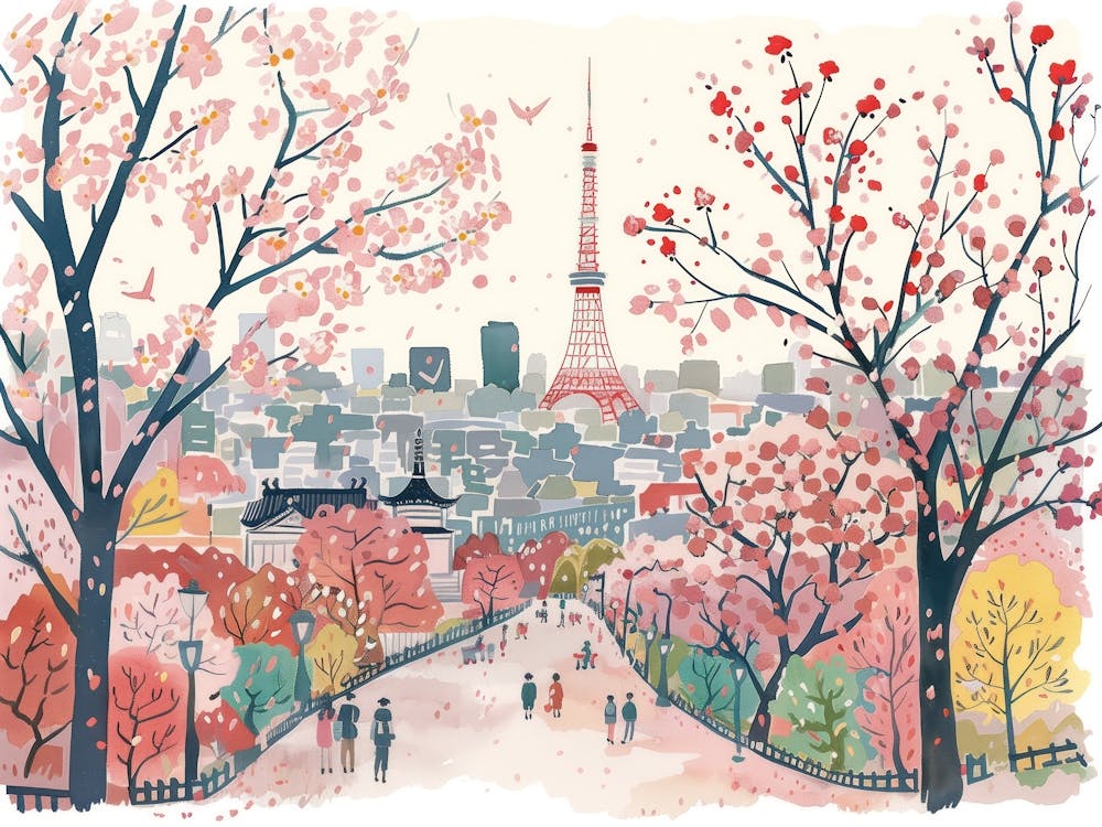 Tokyo Cherry Blossom Landscape Watercolour