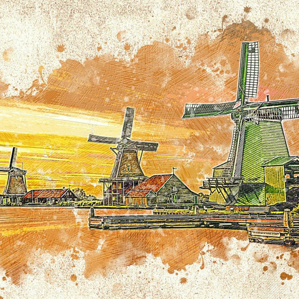 Watercolor Of Windmills