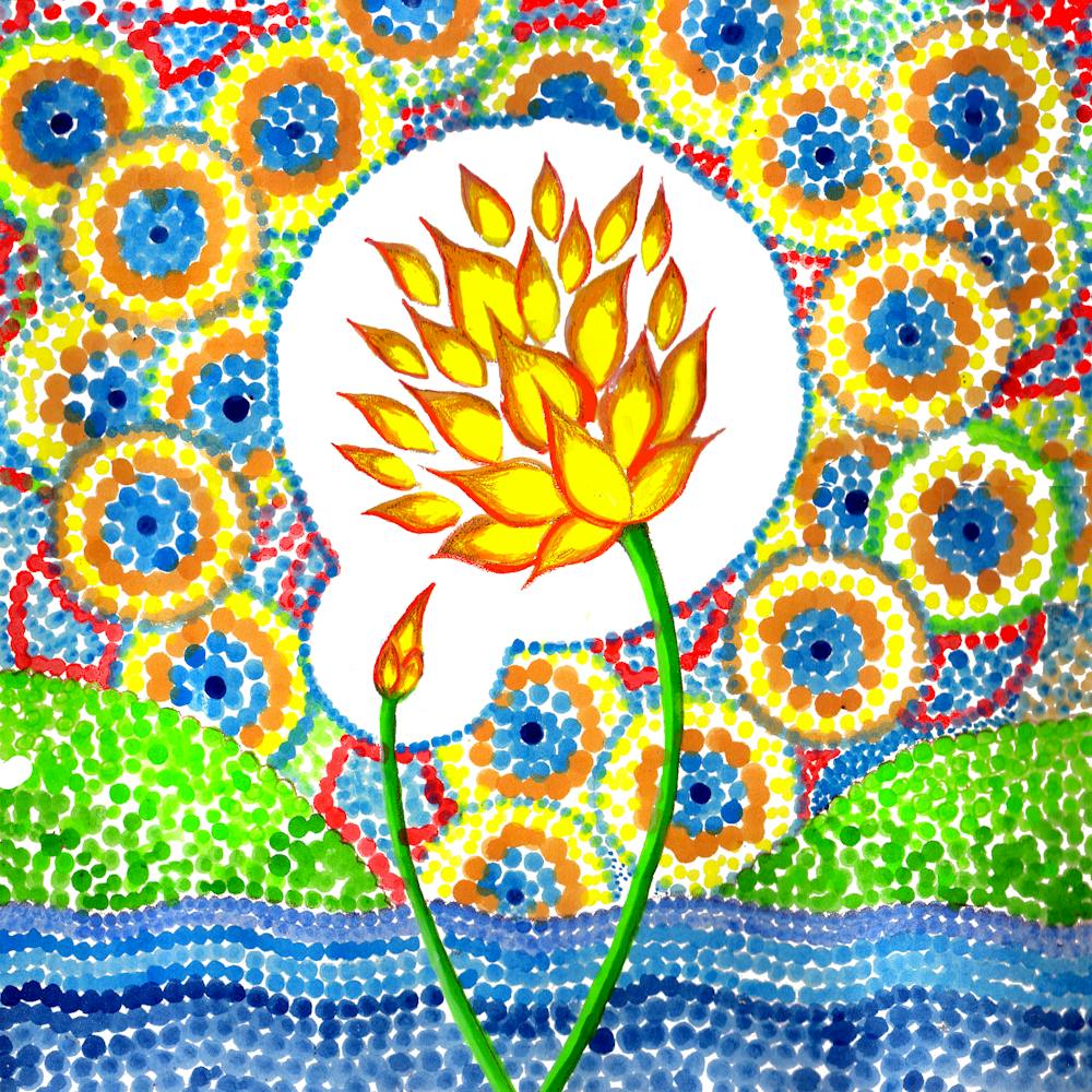 Bright Yellow Lotus Flower In Pond Abstract Dot Art