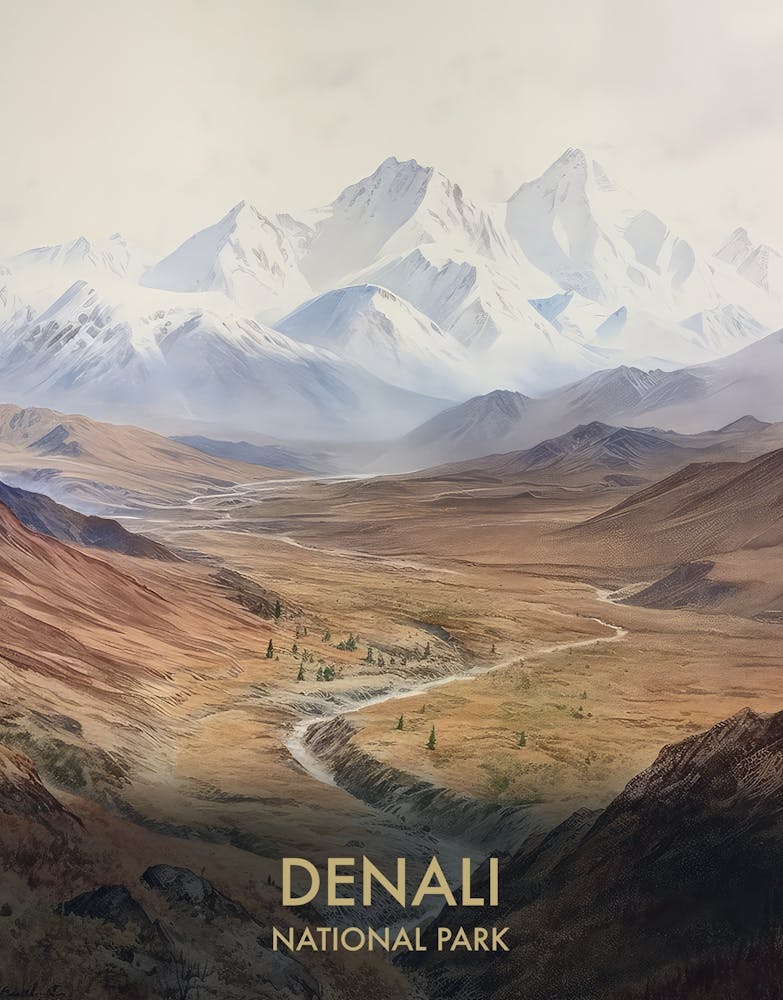 Denali National Park Watercolour Vintage Travel Poster 1