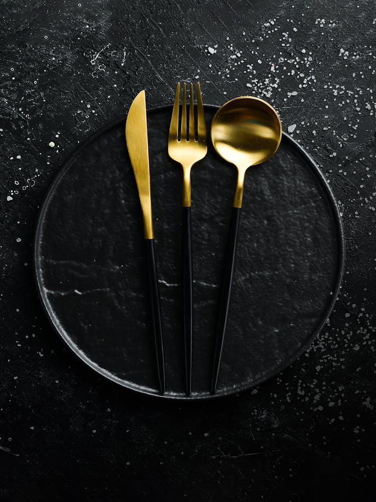 Cutlery and black plate — Food kitchen poster/blackboard, photo art