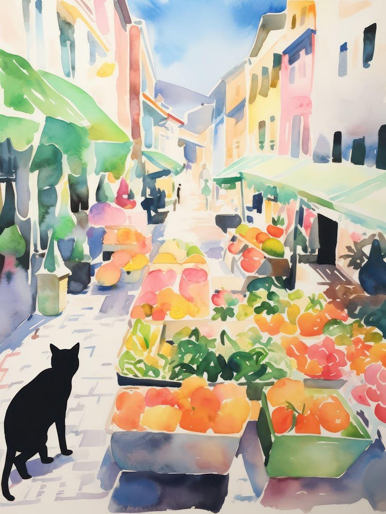 Food Market With Cats In Santander 3 Watercolour